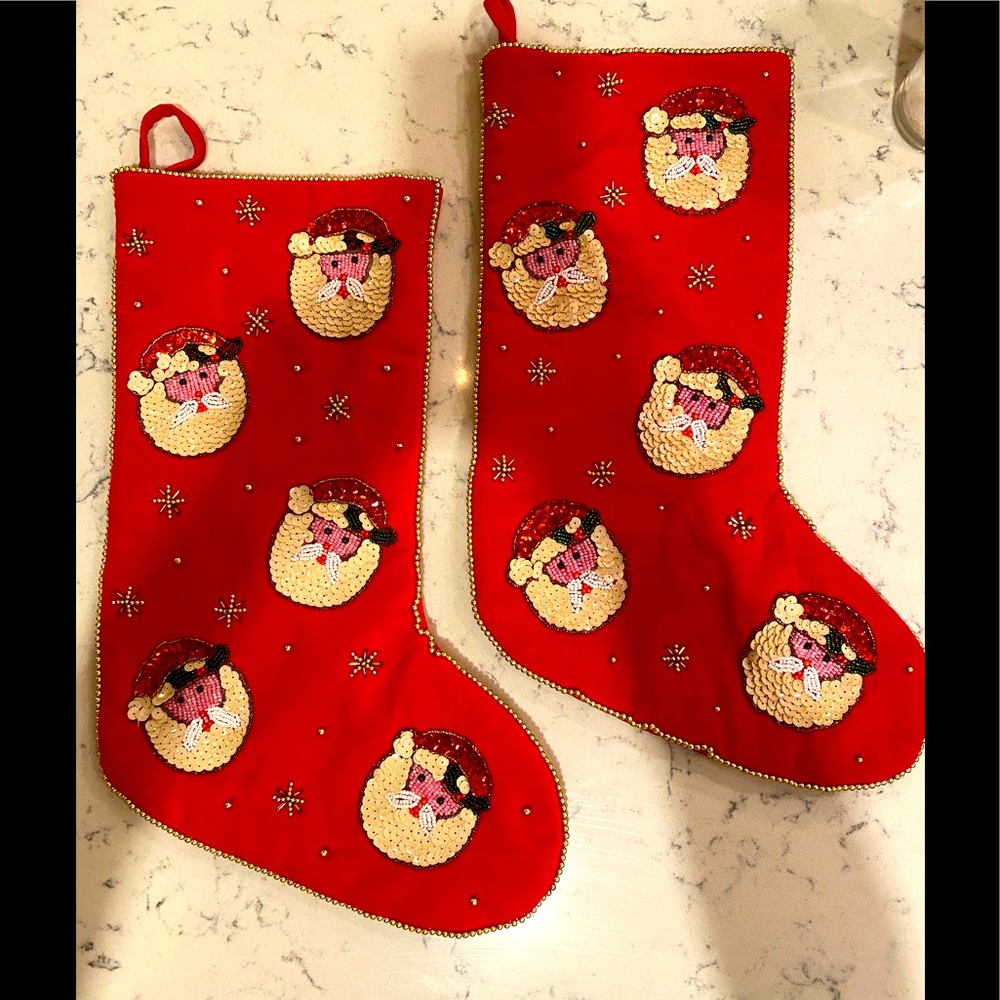 🎅🏻 Hand beaded, sequined Christmas stockings (2). 15 1/2 X 7. 🎅🏻